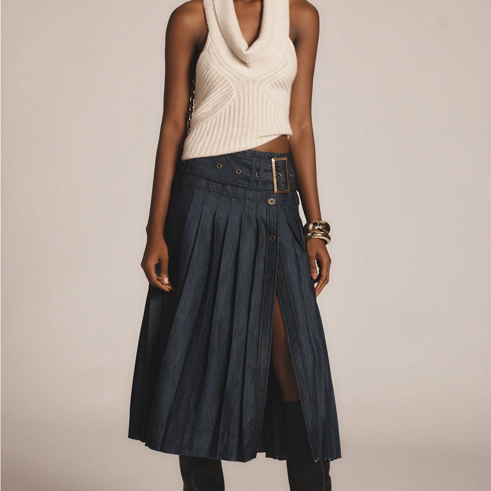 Anthropologie Pilcro low-slung pleated denim midi skirt *no belt*